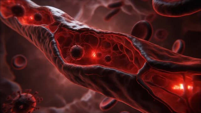 A microscopic cinematic view inside the human bloodstream, showing a dangerous virus attacking