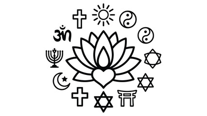  World religion symbols illustration with lotus flower surrounded by icons of major faiths representing spirituality peace interfaith harmony meditation and global religious diversity in clean vector 