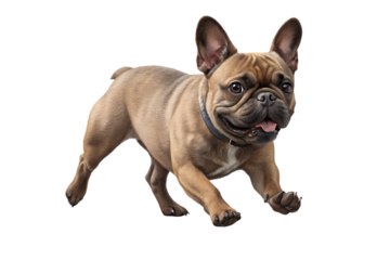French bulldog walking forward in motion. Dynamic realistic dog pose isolated on transparent background, PNG.