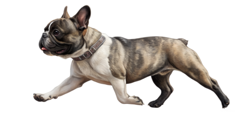 French bulldog walking forward in motion. Dynamic realistic dog pose isolated on transparent background, PNG.