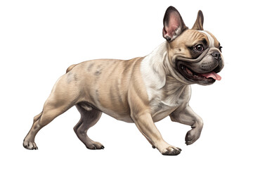 Fototapeta premium French bulldog walking forward in motion. Dynamic realistic dog pose isolated on transparent background, PNG.