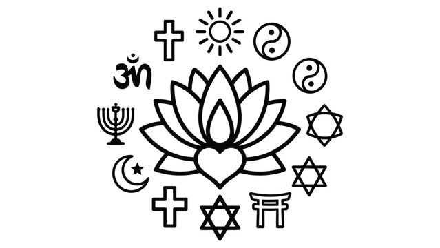  World religion symbols illustration with lotus flower surrounded by icons of major faiths representing spirituality peace interfaith harmony meditation and global religious diversity in clean vector 