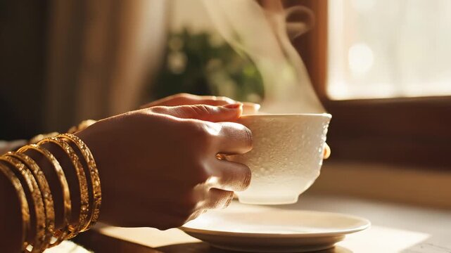 Hands holding steaming cup with gold bangles
