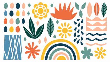 Obraz premium Colorful botanical illustration featuring stylized leaves flowers and abstract shapes