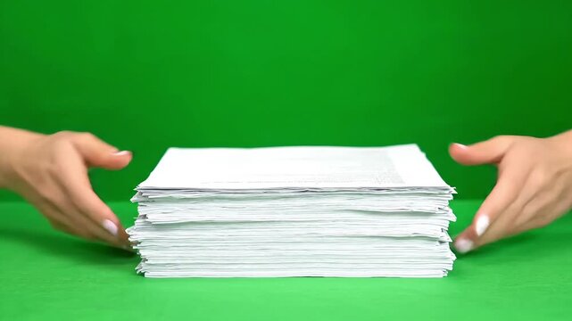 Two sets of hands exchanging a large stack of white paper documents against a vibrant green screen background