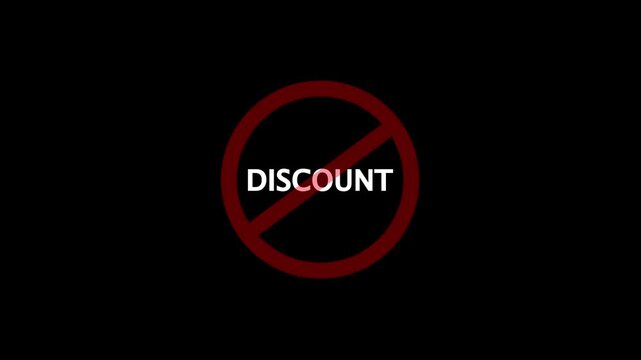 A circular red and black no discount text icon animation. stop, not allowed and ban concept animation on black background. 4k video