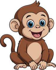 Obraz premium Cartoon baby monkey, cute jungle animal, smiling primate, kids character, vector art, playful pose, expressive eyes, brown fur, open mouth, curled tail