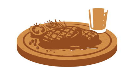 A grilled steak with herbs and a drink on a wooden plate.