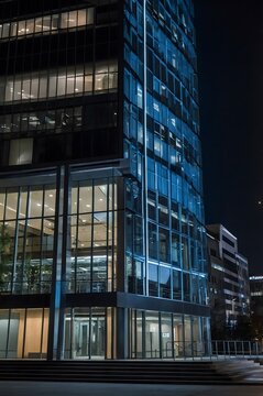Edificio de oficinas moderno iluminado de noche con arquitectura urbana contempor&aacute;nea