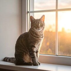 Gato atigrado sentado en el alf&eacute;izar de una ventana con luz c&aacute;lida de atardecer