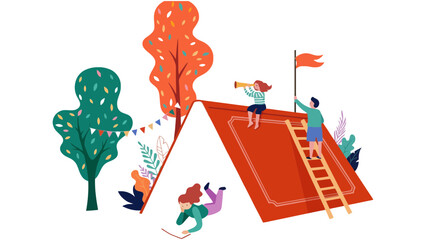 People build a tent in a park with trees and flags.