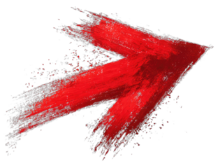 Bold red arrow painted with rough brushstrokes on a black background
