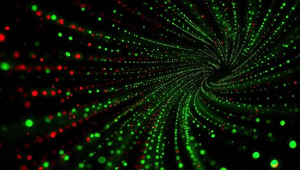 A dynamic abstract tunnel, composed of green and red glowing particles on a black backdrop