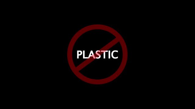 A circular red and black no plastic text icon animation. stop, not allowed and ban concept animation on black background. 4k video