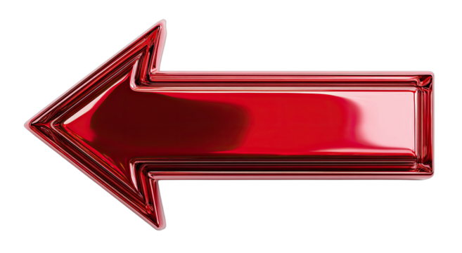 A shiny, metallic red arrow pointing left on a black background - Powered by Adobe