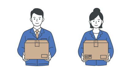Two people in work uniforms hold cardboard boxes for delivery.