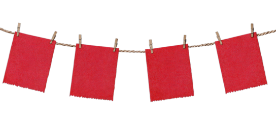 Four blank red cards hang on a clothesline with clothespins