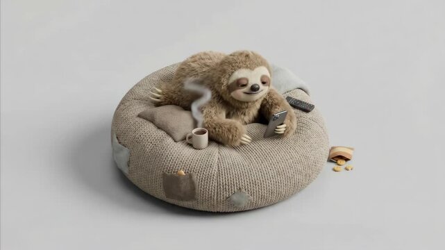 Animated sloth relaxes on a cushion, enjoying a hot drink and snack while looking at a cell phone in a looped video.