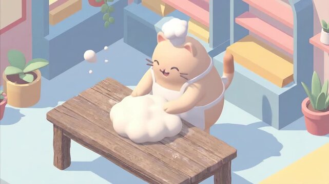 Cartoon cat chef kneading dough on a wooden table. Creative food preparation animation. Looped motion graphic for bakery project.