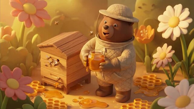 Bear bee keeper collects sweet honey from a hive in a blooming garden animation.