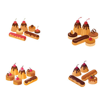 Vector Set of Gourmet Desserts Including Chocolate Eclairs and Cream Cakes Topped with Cherries