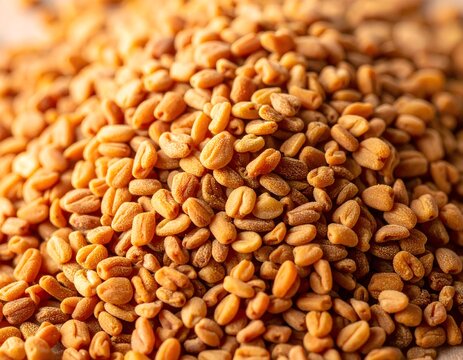 Semillas de fenogreco en primer plano con textura natural y tonos c&aacute;lidos en fotograf&iacute;a macro