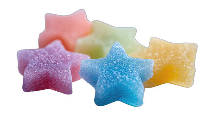 A vibrant cluster of five colorful, star-shaped sugary candy treats