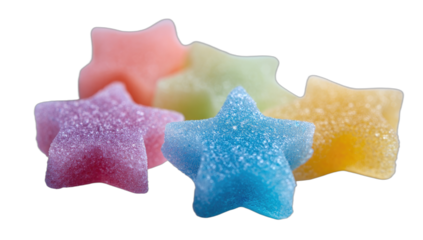A vibrant cluster of five colorful, star-shaped sugary candy treats