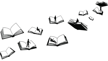 Small figures interact with open books that appear to float in space.