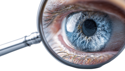 Extreme close-up of a blue iris magnified by a lens, revealing intricate details