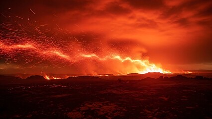 Fototapeta premium Dramatic Volcanic Landscape with Glowing Lava Clouds