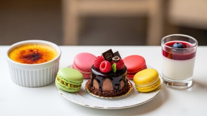 Plate of desserts including a chocolate cake, a raspberry tart