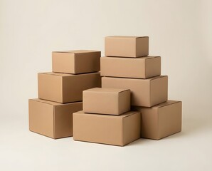 Obraz premium A collection of various sized brown cardboard boxes stacked neatly on a plain light background, ready for shipping or storage.