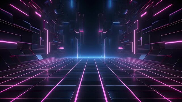 A futuristic digital tunnel with glowing pink and blue neon lights creating a grid pattern, leading to a bright blue light in the distance, evoking a cyberpunk aesthetic.