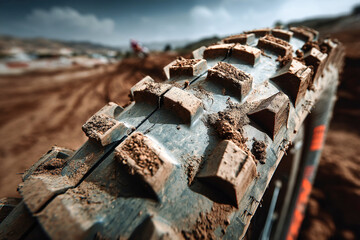 Close-up of a bike tire covered in mud after a rugged outdoor ride on dirt trails Generative AI