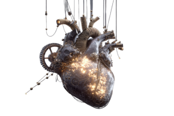 Intricate mechanical heart with glowing inner workings, suspended by wires