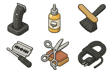 Barber tools collection: clippers, razor, scissors, brush, cord, oil