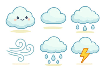 Cute weather clouds with various conditions including wind, rain, and lightning