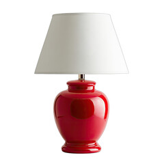 Shiny red ceramic table lamp with a white tapered drum shade, casting soft light