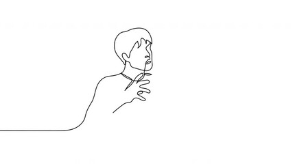 Continuous line art animation man gesturing with spread fingers trying to explain or understand something. Expressive storytelling or searching for answers minimalist style