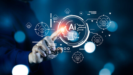 Businessman holding AI icon global networks.Artificial intelligence and data analysis information exchange technology. AI machine learning language. Cyber security system using AI technology.