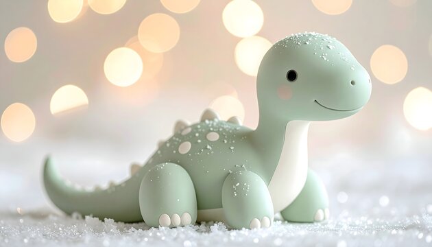 Dinosaurio de juguete verde pastel sobre fondo claro con luces bokeh suaves, escena infantil tierna y minimalista