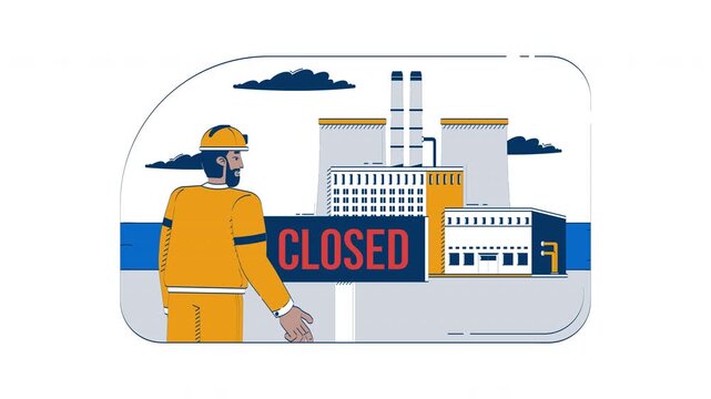 Factory shutdown and job loss doodle animation. Industrial plant closure. Black male manufacturing worker layoff animated 2D flat cartoon concept, white background. 4K video motion graphic
