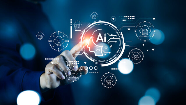 Businessman holding AI icon global networks.Artificial intelligence and data analysis information exchange technology. AI machine learning language. Cyber security system using AI technology.