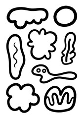 Obraz premium Hand-drawn organic blob shapes set, thick black outlines with distressed texture, trendy retro 90s style abstract doodle elements