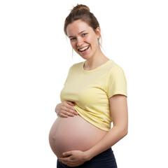 Happy pregnant woman smiling and holding her belly isolated on white background