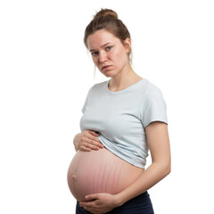 Pregnant woman with stretch marks on stomach and pigmentation, tired on isolated png background