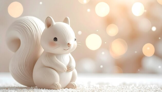 Ardilla de juguete blanca sobre fondo claro con luces bokeh suaves, escena infantil tierna y minimalista