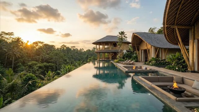 Golden sunset illuminates a bali resort villa and infinity pool with lush jungle vista, luxury travel destination