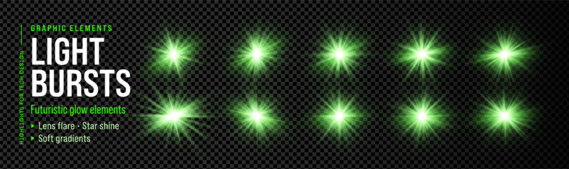 Green laser glow with light flare neon and dj lense background. Flash effect sparkle with beam energy isolated and line ray transparent. Vector bright green with club disco light and lens magic flare.